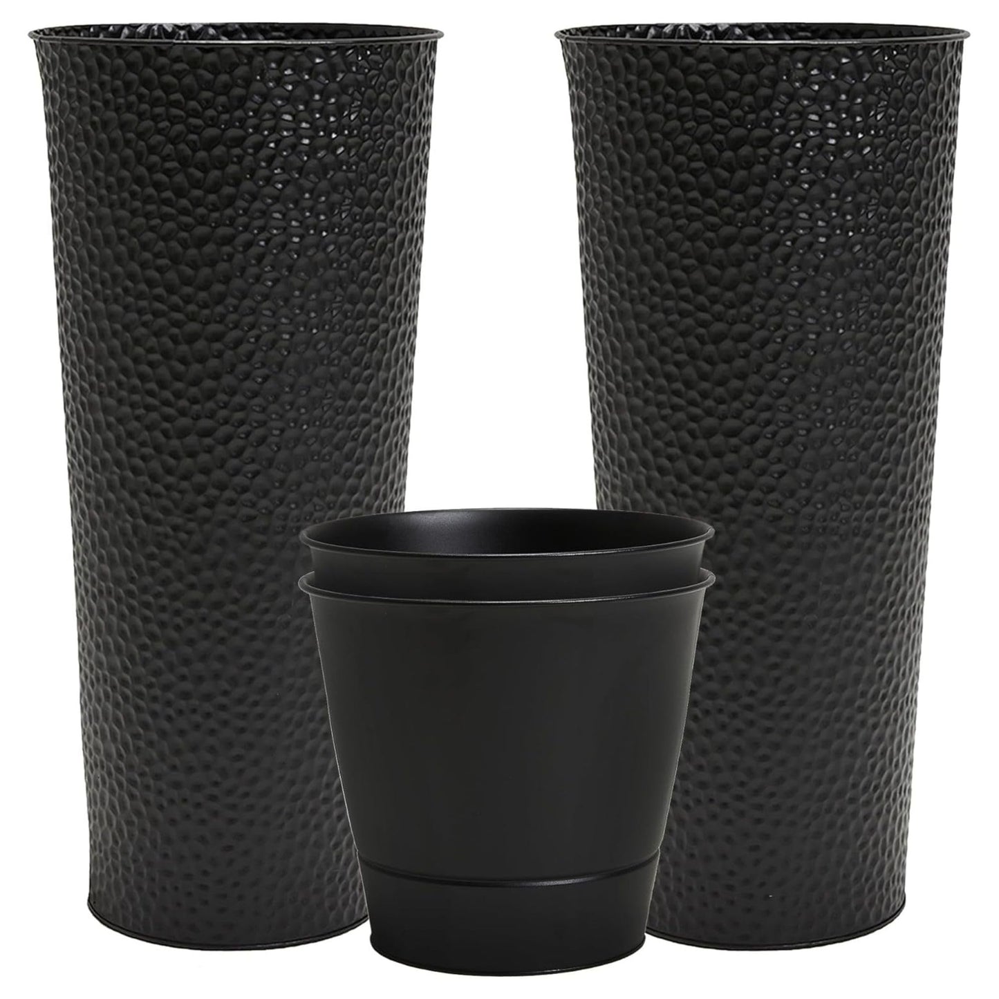 Worth 2 Pack 28" Tall Narrow Metal Planter with Inside Pot for Indoors or Outdoors, Deck, Patio or Front Porch, Hand-Hammered Texture, Black