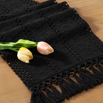 Socomi Boho Table Runner Summer Farmhouse Rustic Dining Kitchen Centerpiece Decor Small Macrame Woven Cotton Linen Coffee Table Runner for Dresser Scarf Home Decor 12x36 inch Black
