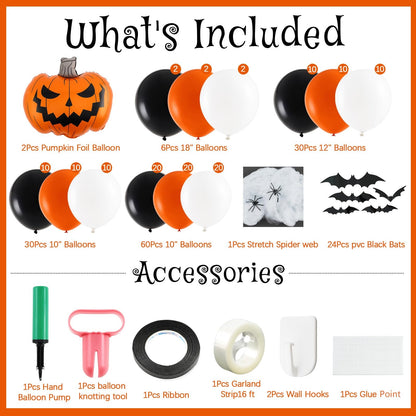 Arrowbash Halloween Balloon Garland Arch Kit 5/10/12/18 Inch Orange and Black White Balloon Arch with 2 Foil Pumpkin Decor, PVC Bats & Spider Web for Halloween Party Decorations(Classic)