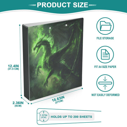 Dino Round Ring Binders 1.5 Green Fire Evil Dragon 3 Ring Clipboard Binder for Office School Work Supplies File Folder 200 Sheet Capacity Easy Open