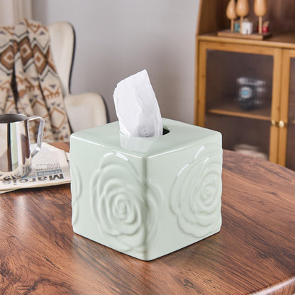 Light Green Ceramic Cube Tissue Box Cover with Rose – Large Elegant Rose Floral Square Decorative Tissue Box Holder for Bathroom, Bedroom, Office Desk, Kitchen Counter – Perfect Housewarming Gift