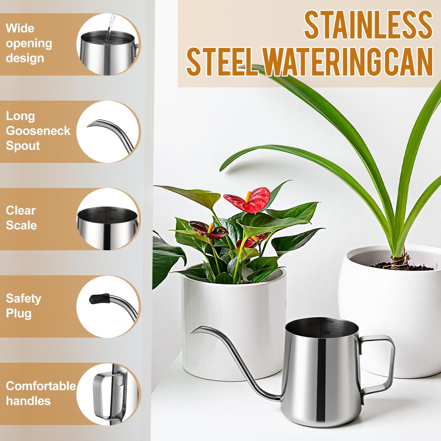 Teecyhooo 2 Pcs Small Watering Can for Indoor Plants, 12 Oz/350 ml Mini Plant Watering Pot with Long Spout and Scale 304 Stainless Steel Tiny Watering-can for Outdoor Indoor Plants Garden(Sliver)