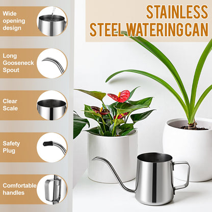 Teecyhooo 2 Pcs Small Watering Can for Indoor Plants, 12 Oz/350 ml Mini Plant Watering Pot with Long Spout and Scale 304 Stainless Steel Tiny Watering-can for Outdoor Indoor Plants Garden(Sliver)