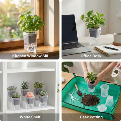 10 Pack 2" Mini Self Watering Pots for Indoor Plants, Small Self Watering Nursery Pots with Drainage Holes, Clear Plastic Plant Pots for Succulents, Cuttings, Herbs (Incl. 50x50cm Gardening Mat)