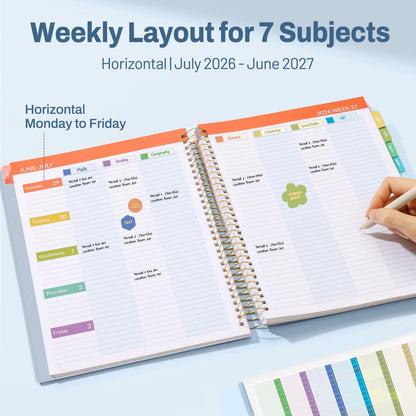 SUNEE Deluxe Teacher Planner 2026-2027, Lesson Planner Book with 7 Periods Jul 2026 - Jun 2027, 8.5" x 11" Daily Weekly and Monthly Organizers with Colorful Tabs, Planning Stickers,120gms Paper, Blue