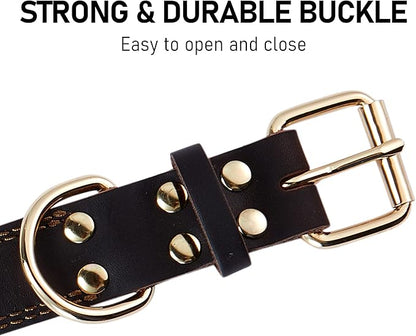 Leather Dog Collar, Heavy Duty Wide Dog Collar for Small,Medium,Large and Extra Large Dogs (M: 1" Wide for 15.2"-19.2" Neck, Dual Stitch - Brown)