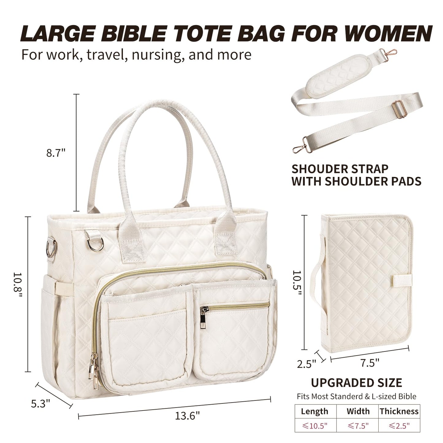 KOPKOFT Large Bible Cover Case for Women, Quilted Church Tote Bag with Shoulder Strap, Bible Study Supplies Journaling Kit Bible Accessories, Christmas Christian Gift for Women (Beige)