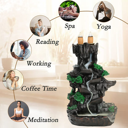 Jueison Dual Sided Mountain Backflow Incense Burner Resin Waterfall Incense Holders Cone Stick Holder with 120 Incense Cones + 30 Incense Sticks + 1 Mat + 1 Tweezers for Home Office Decor Gift