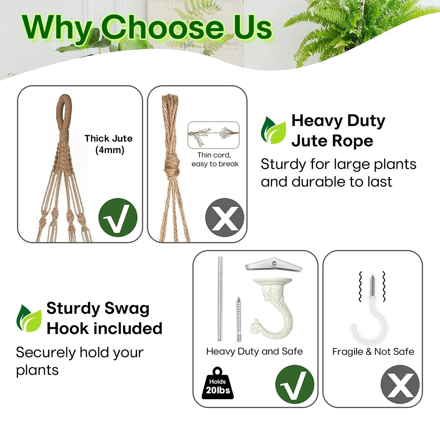 Shineloha 43 Inches Macrame Planter Hanger Large for 12 inch Pot + Swag Hook (Extra Long & Big) | Large Hanging Planter for Indoor Plants | No Tassel, Cotton Rope, NO Pot/Plant Included (Jute)(XL)