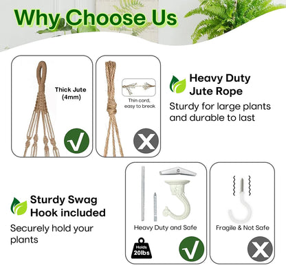 Shineloha 43 Inches Macrame Planter Hanger Large for 12 inch Pot + Swag Hook (Extra Long & Big) | Large Hanging Planter for Indoor Plants | No Tassel, Cotton Rope, NO Pot/Plant Included (Jute)(XL)