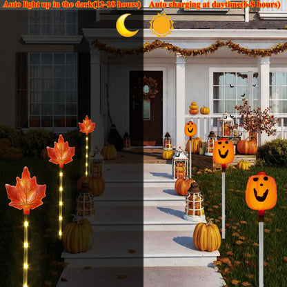 Xingpold 6 Pack Fall Decor Solar Maple Leaf Pumpkin Lights for Thanksgiving Decorations Outdoor,Waterproof Solar Thanksgiving Fall Leaves Pumpkin Garden Stake Lights for Outside Pathway Harvest Decor
