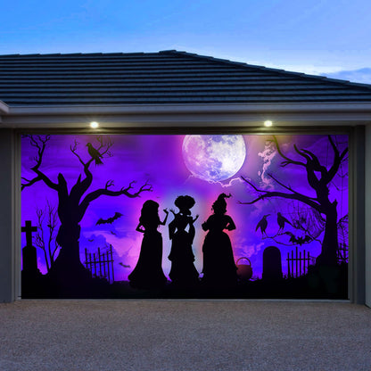 7 x 16 Ft Halloween Garage Door Cover Decorations Outdoor, Large Hocus Pocus Witches Silhouette Decor, Scary Double Garage Buddy Halloween for Home Wall Window Patio Yard Outside