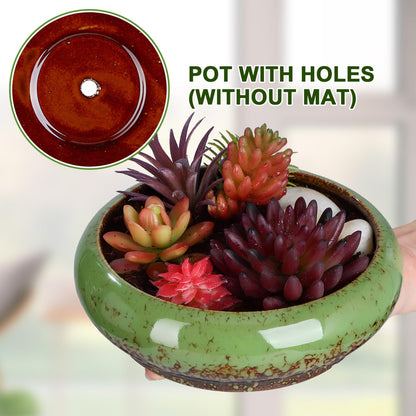 Happyyami Succulent Planter Pot 7.08In Round Shallow Bonsai Bowl with Drainage Hole for Desktop Cactus and Small Plants Decorative Container