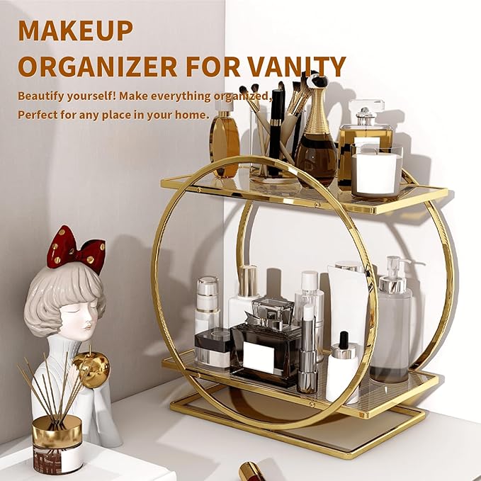 Perfume Organizer for Dresser, 2 Tier Bathroom Counter Organizers and Storage, Gold Makeup Organizer for Vanity, Bathroom Accessories & Decor, Skincare Perfume Trays Cosmetic Display Holder