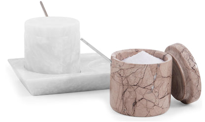 Radicaln Marble Salt Cellar with Lid and Tray 3" Inch White and Marinara Handmade Set of 2 Seasoning Jars For Kitchen Storage, Ideal Table Sugar Bowl & Salt Dish For Countertop