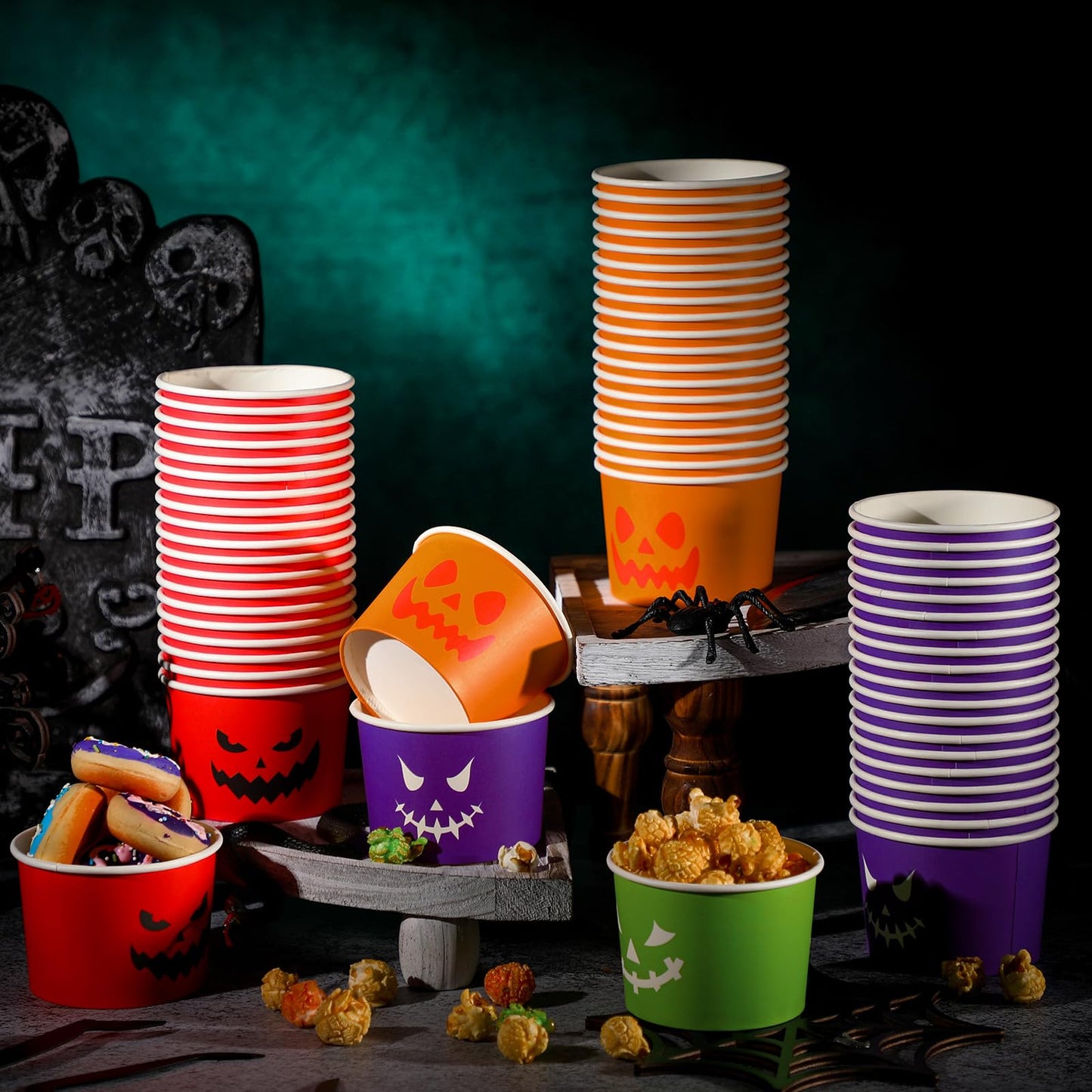 Uiifan 80 Pcs 8 Oz Halloween Disposable Cups Paper Snack Cups Halloween Party Cups Disposable Pumpkin Bowls for Adult Coffee Juice Hot Cold Drinks Candy Snack Party Supplies, 4 Styles