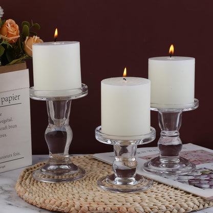 BTGLLAS 3-Piece Set of Glass Candlestick, Crystal Candlestick Holder Holder and Conical Candle, Christmas Candle Holder Decoration, Family Living Room Wedding Candle Holder (Clear)