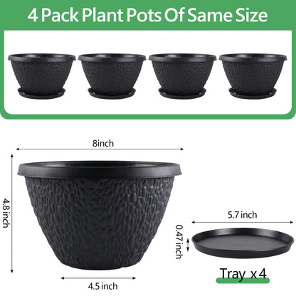 Nooulap 4 Pack 8 inch Plant Pots for Outdoor Indoor, Durable Flower Pots with Drainage, Indoor Outdoor Planters for Herbs Flowers (Black Pebbles Design)