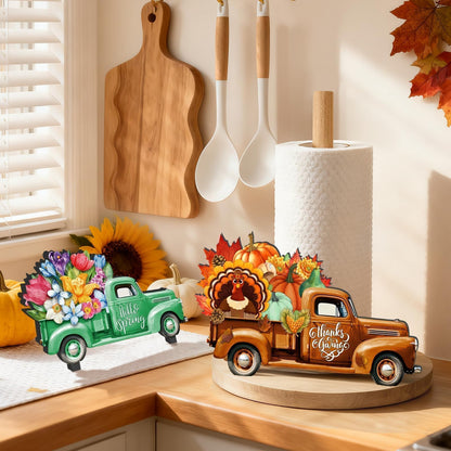 APUDWN Interchangeable Paper Towel Holder Seasonal Freestanding Bamboo Paper Towel Holder with 10 Holiday Sign Countertop Decoration for Summer 4th of July Kitchen Home Bathroom (Truck)