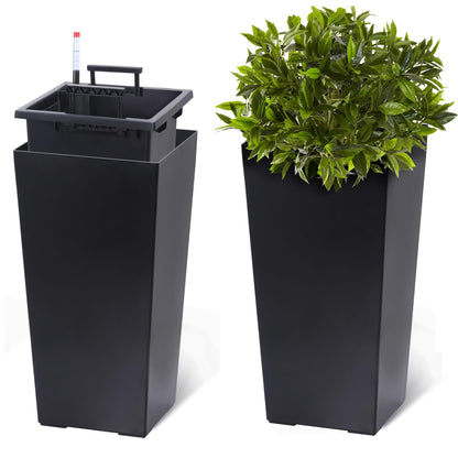 Black Planters Outdoor Set of 2, 22 Inch Tall Plastic Planter with Drainage Holes & Water Level Monitor & Inner Bucket, Indoor & Outdoor Large Planters for Front Porch, Patio, Balcony, Living Room