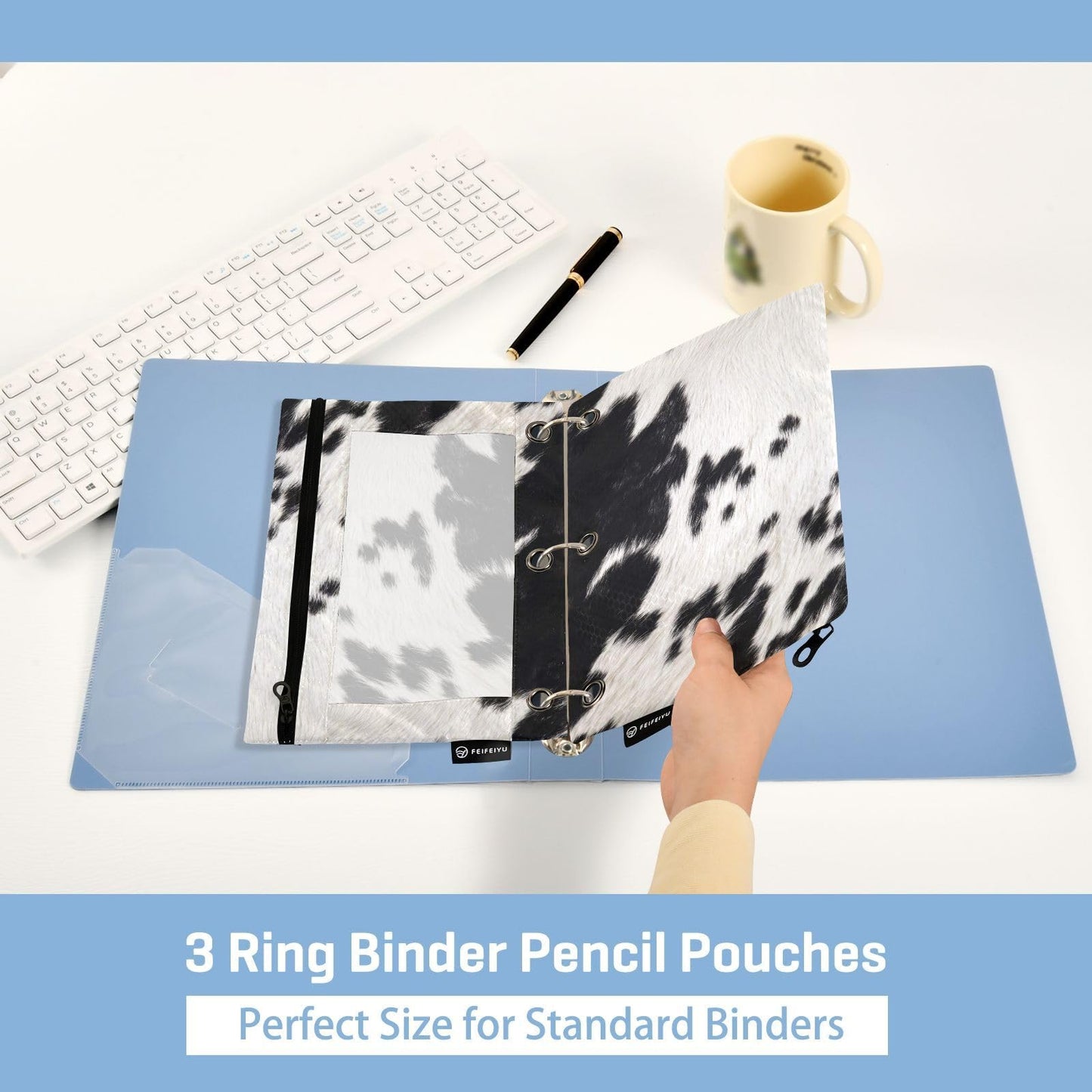 Coikll Cow Skin Print Pencil Pouch Fits Standard 3-Ring Binders, Zipper Binder Pencil Bag with Clear Window for Class Office 2 Pack