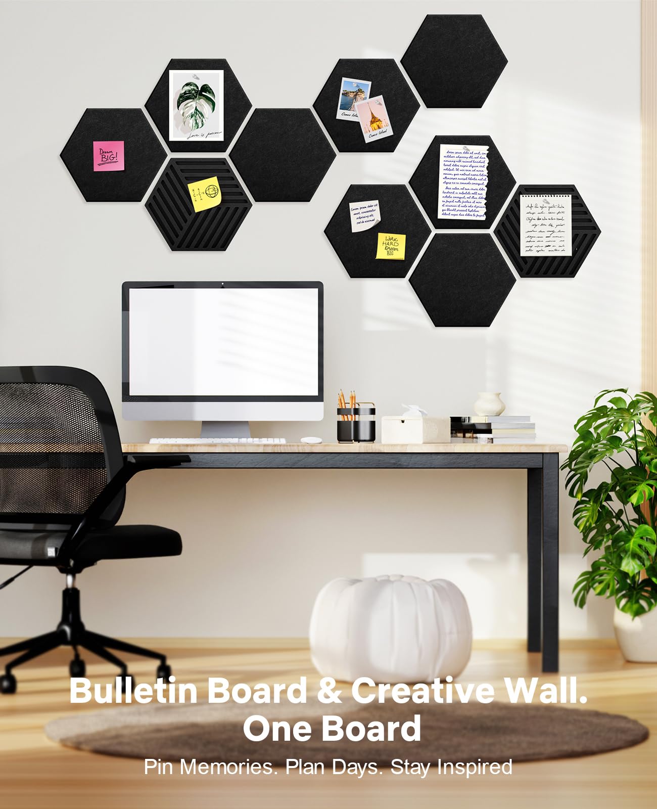Hexagon Large Cork Bulletin Board Tiles, Peel and Stick Felt Wall Panels for Vision, Message Center, Picture and Prayer Board for Office, Dorm, Room and Desk Decor(Black)