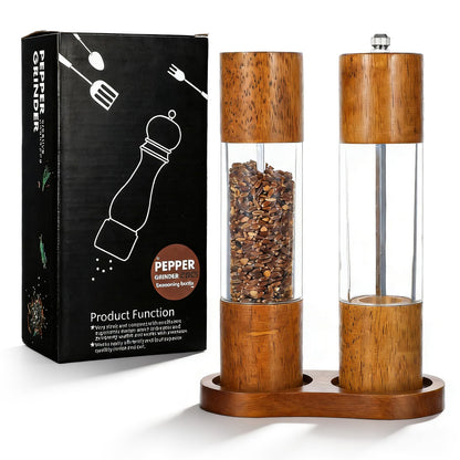 Wooden Salt and Pepper Grinder Set, 8 inch Manual Refillable Wooden Salt and Pepper Shakers Mill with Tray, Adjustable Coarseness, Solid Wood with Ceramic Stainless Steel Core, Transparent - 2 Packs