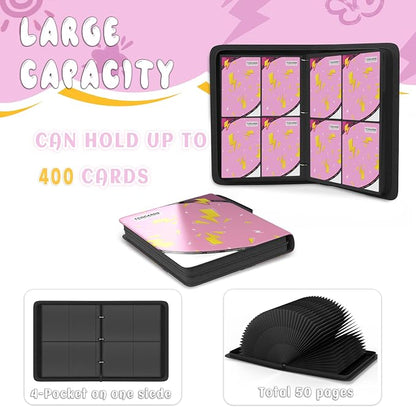 Trading Card Binder 4 Pocket,Card Binder 400 Pockets,Card Book Holder Cards with 50 Removable Sleeves,3-Ring Zip Design MTG/TCG/Sport Collectible Trading Card Albums Gifts for Boys and Girls (Pink)