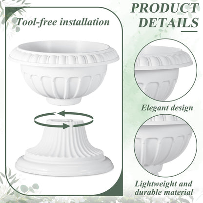 Zhehao 1 Pcs Classic Urn Planter Plastic Urn Planters Outdoor 12 x 10 Inch Traditional Pedestal Flower Pots Outdoor Large White Vases Indoor for Garden Patio Front Porch
