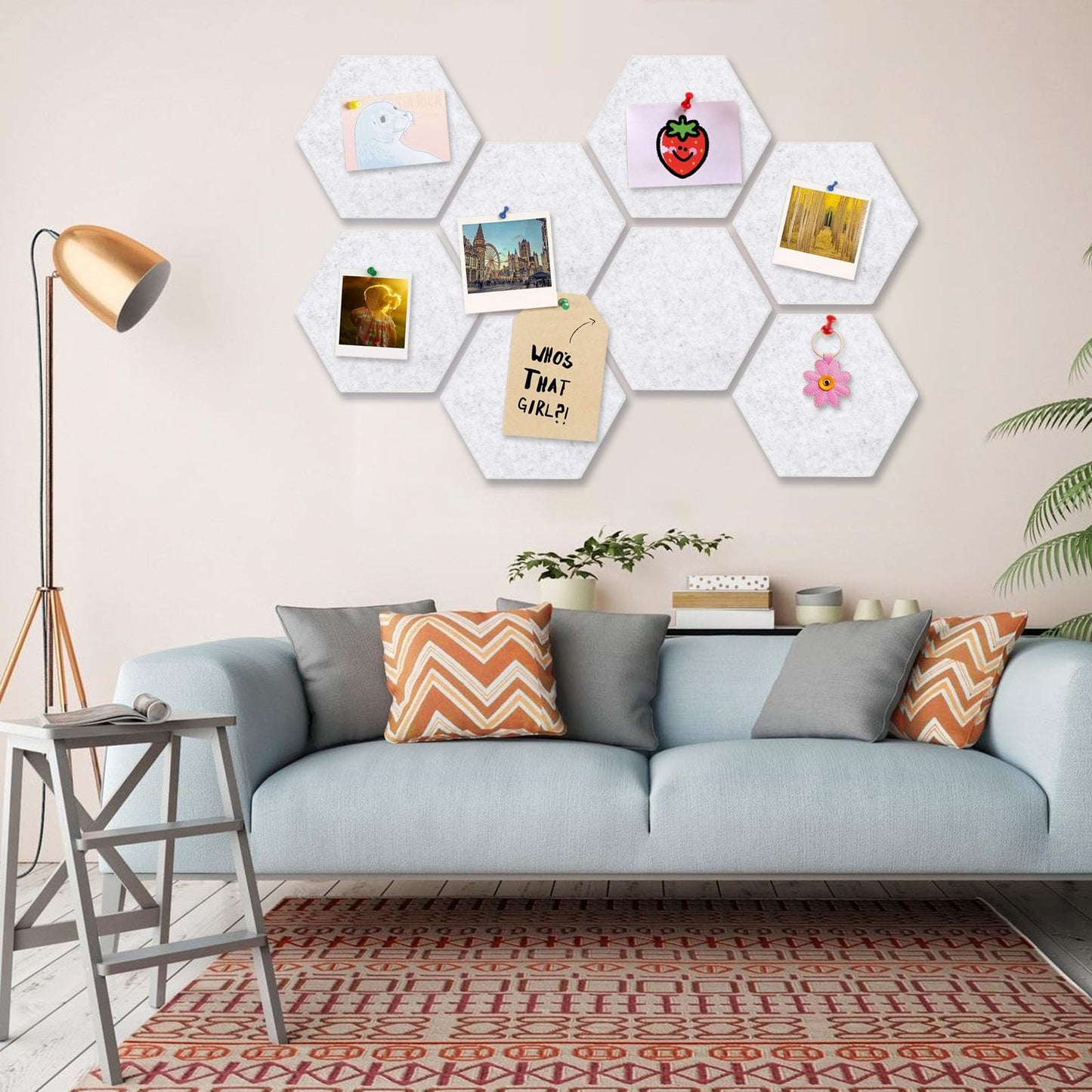 8 Packs Silver Grey Hexagon Felt Pin Board, 12" Bulletin Board with 30 Push Pins, Felt Board for Home Kitchen Office Decor, Self-Adhesive Corkboard Tiles for Walls Message Photos Memos Display