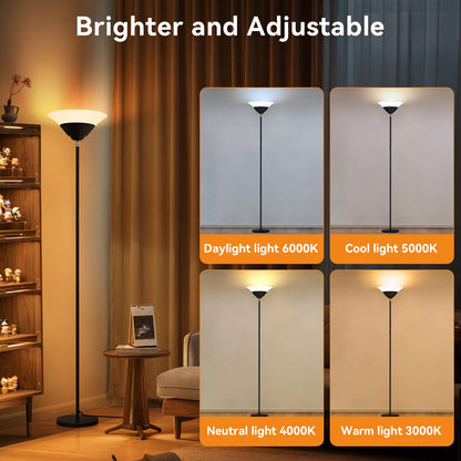SIBRILLE Torchiere Floor Lamp, 72 Inch 30W LED Standing Lamp, 1800LM, Stepless Dimmable, 3000K-6500K, Remote and Button Control, Modern Pole Light for Living Room Bedroom Office, Black