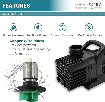 HALF OFF PONDS Submersible Water Pump, 3,000 GPH Pond Pump with 100FT Power Cord and 19FT Max Head, 192W Ultra Quiet Energy Efficient Pump for Koi Pond, Fountain, Waterfall, Water Garden, Skimmer