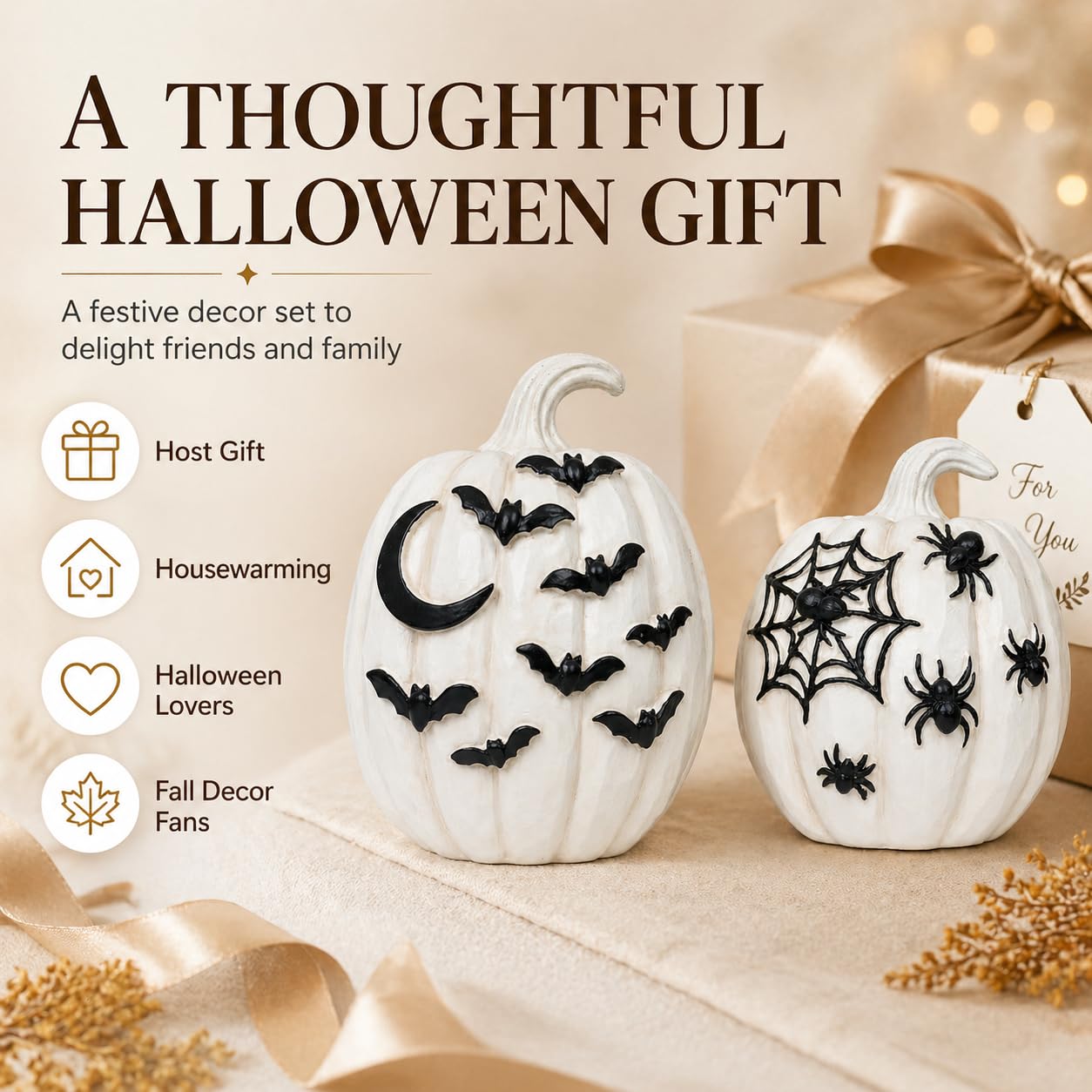 Halloween Pumpkins Decor Set of 2, Halloween Tabletop Decorations, Halloween Pumpkin Figurine Centerpiece for Mantel Shelf Entryway Table, Spooky Fall Home Decor, Pumpkin Statue Decorations Indoor