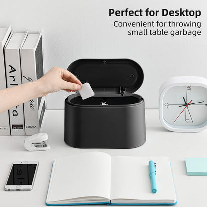 SUBEKYU 0.5 Gal Mini Countertop Trash Can with Lid for Desktop, Small Garbage Can for Office, Tiny Wastebasket, Plastic,Black