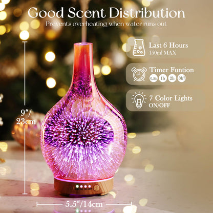 Porseme Rose Gold Essential Oil Diffuser 3D Glass Aromatherapy Ultrasonic Humidifier, Waterless Auto-Off, Timer Setting, BPA Free, Air Refresh for Home Hotel Yoga Leisure SPA Gift 150ml
