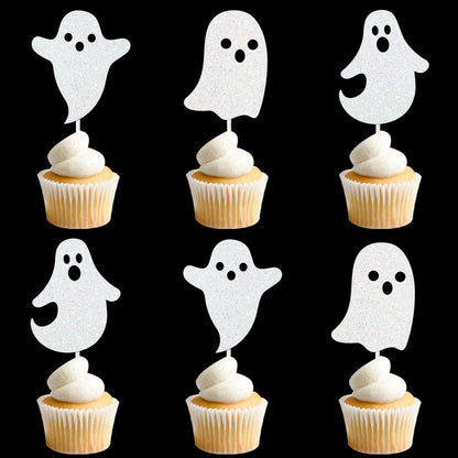 Halloween White Glitter Ghost Cupcake Toppers 24PCS Ghosts Baby Shower Cake Decorations Cute Ghost Cake Toppers for Happy Halloween Birthday Party Baby Shower Supplies