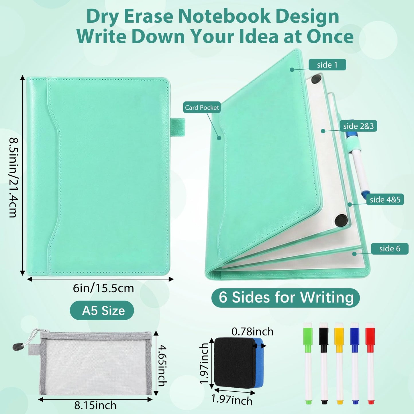 Feifeiya 6 Sides Dry Erase Notebook Portable White Board 9"x6"(a5) Travel Dry Erase White Board Notebook Foldable Anti-ghosting Surface for Office, School, Study, Travel & Business Meeting Planning