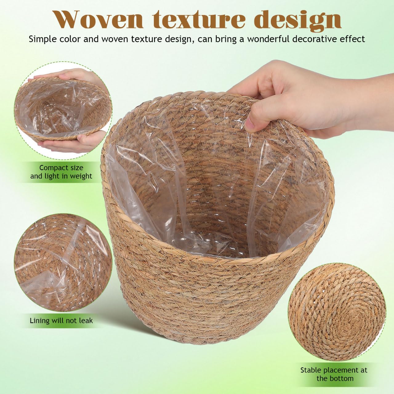 Wicker Planter Baskets with Plastic Liner: 2Pcs Round Seagrass Planter Storage Baskets, Straw Woven Rattan Flower Plants Pot Covers for Indoor Outdoor, Rustic Boho Farmhouse Decor 9 X 9 X 6.5''
