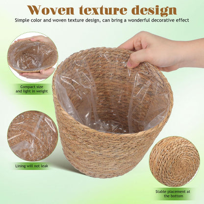 Wicker Planter Baskets with Plastic Liner: 2Pcs Round Seagrass Planter Storage Baskets, Straw Woven Rattan Flower Plants Pot Covers for Indoor Outdoor, Rustic Boho Farmhouse Decor 9 X 9 X 6.5''