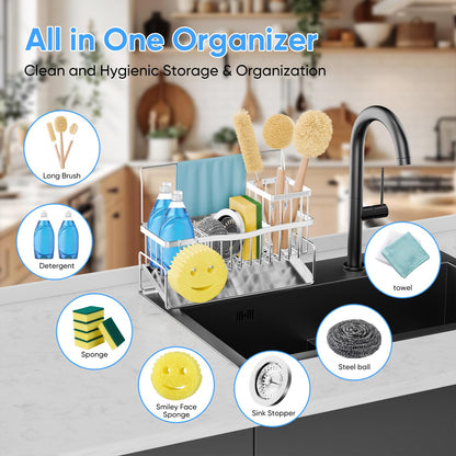 Adurei Sponge Holder for Kitchen Sink 304 Stainless Steel Self-Draining Sink Caddy with Smiley Face Sponge and Brush Holder Towel Bar and Divider Kitchen Gadgets Organizer for Countertop, Silver