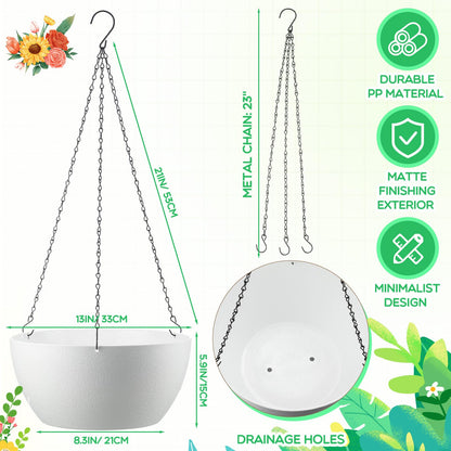Maxcheck 4 Pack 13 Inch Large Hanging Planters Indoor Outdoor Flower Pots, Plant Containers with Drainage Hole Round Hanging Plant Pot for Home Garden Porch Balcony Patio Decor (White)