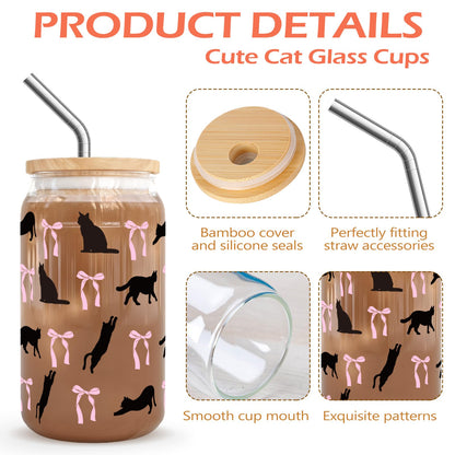 RVEAFA Cute Cat and Bows Iced Coffee Cup Halloween Glass Tumbler Gifts for Women Cat Lovers Gifts for Birthday Halloween Christmas Day, 16oz Glass Cups with Lids and Straw
