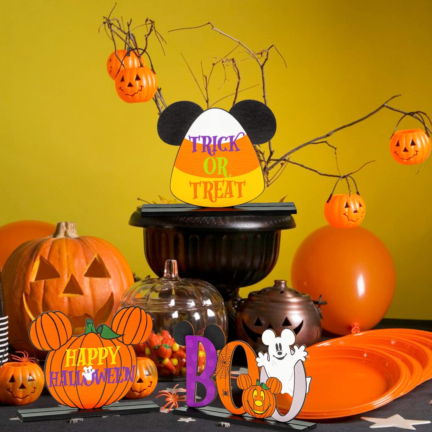Andi Cppss 3PCS Halloween Mouse Wooden Table Centerpieces, Trick or Treat Sign Table Top Decor, Boo Sign Table Centerpiece for Halloween, Happy Halloween Mouse Pumpkin Table Topper for Party Supplies