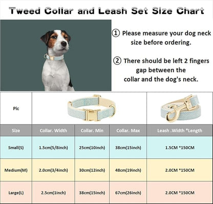 Luxury Soft Cotton Tweed Fabric Dog Collar & Leash Set with Gold Buckle – Durable Fabric, Stylish Design for Everyday Walks(Small LtBlue)