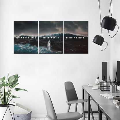 PSYYSP 3 Piece Canvas Wall Art Smooth Seas Never Made a Skilled Sailor Quote, Stormy Ocean Boat Triptych Wall Decor for Bedroom Office, Framed Canvas Prints Set 36x16 Inch