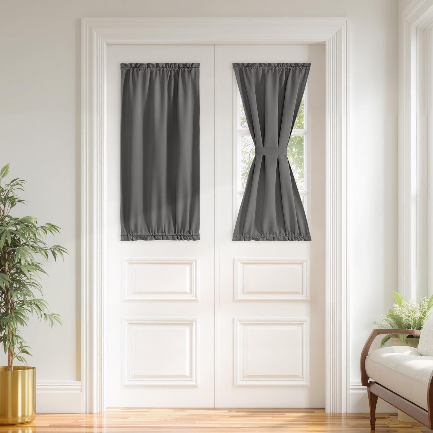 PONY DANCE Grey Back Door Curtains for Door Window, 100% Blackout Dual Rod Pocket Privacy French Curtain for Kitchen, Thermal Insulated Small Window Drapes for Classroom, W25 x L40, 1 Panel