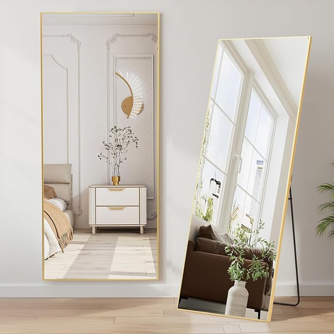 NEWBULIG Mirror Full Length, 64"x21" Body Wall Mirrors with Shatter-Proof Glass, Upgraded Floor Standing Mirror, Hanging or Leaning, with Stand Aluminum Alloy Frame for Home Decor, Bedroom, Gold