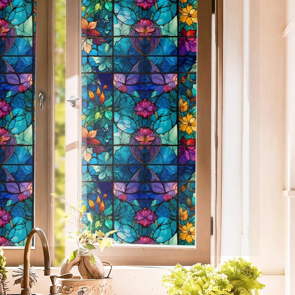 Purple Blue Pink Flower Leaf Stained Glass Window Films Decorative Double-Side Privacy Film Self-Adhesive Static Clings for Living Room Bathroom Decor