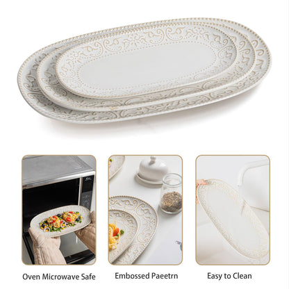 Feenmai Serving Platters Set, 14"/12"/10" Oval Ceramic Serving Plates, Embossed Serving Trays for Party, Oven Dishwasher Safe, Vintage White Serving Dishes for Entertaining, Appetizers, Pasta, Sushi