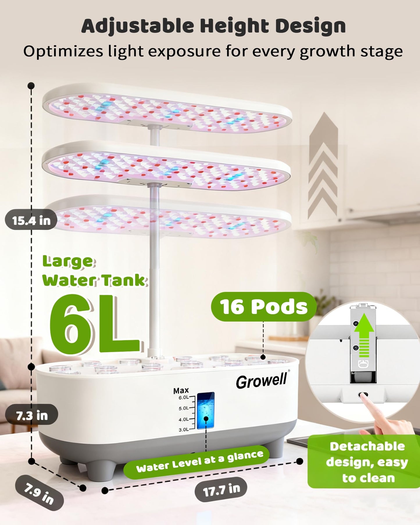 Growell Hydroponics Growing System Kit, 16 Pods, Vertical 8L Indoor Gardening System for Herb Vegetable Fruit, Hydro Garden with LED Grow Light, Smart Water Circulation, 3 Light Modes & 2 Timer, White